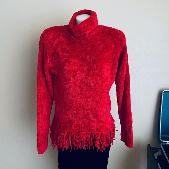 Vintage 90s Nick & Sarah L Red Turtleneck Super Soft Sweater Stringy Fringe Hem - Picture 3 of 10